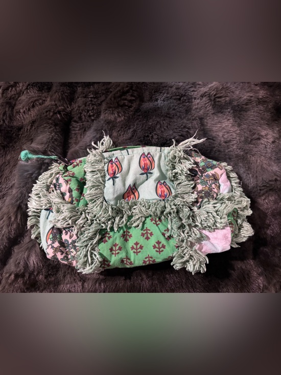 Anthropologie Handbags - Anthropologie Green Patchwork Shag Fringe Boho Clutch Bag